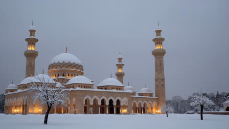 snowy mosque at dusk