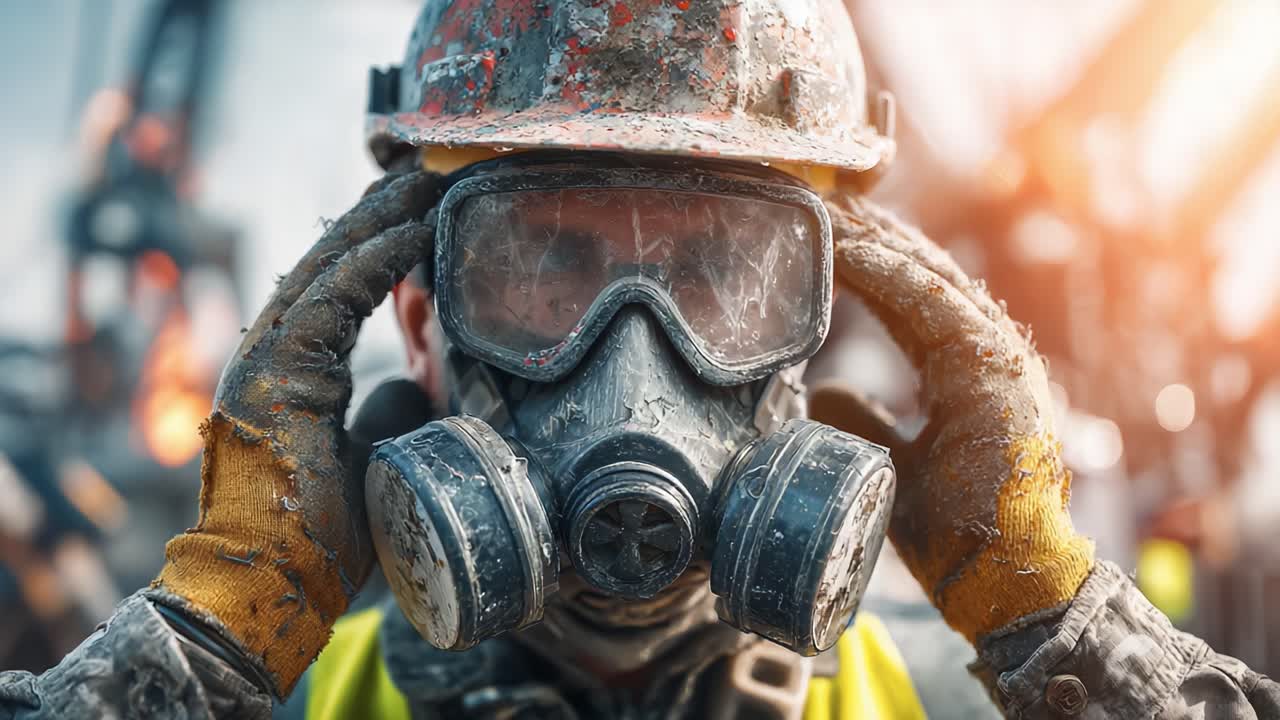 A Construction Worker in Safety Gear Adjusts His Protective Mask While Surrounded by Industrial Equipment, Highlighting the Importance of Safety in Hazardous Environments