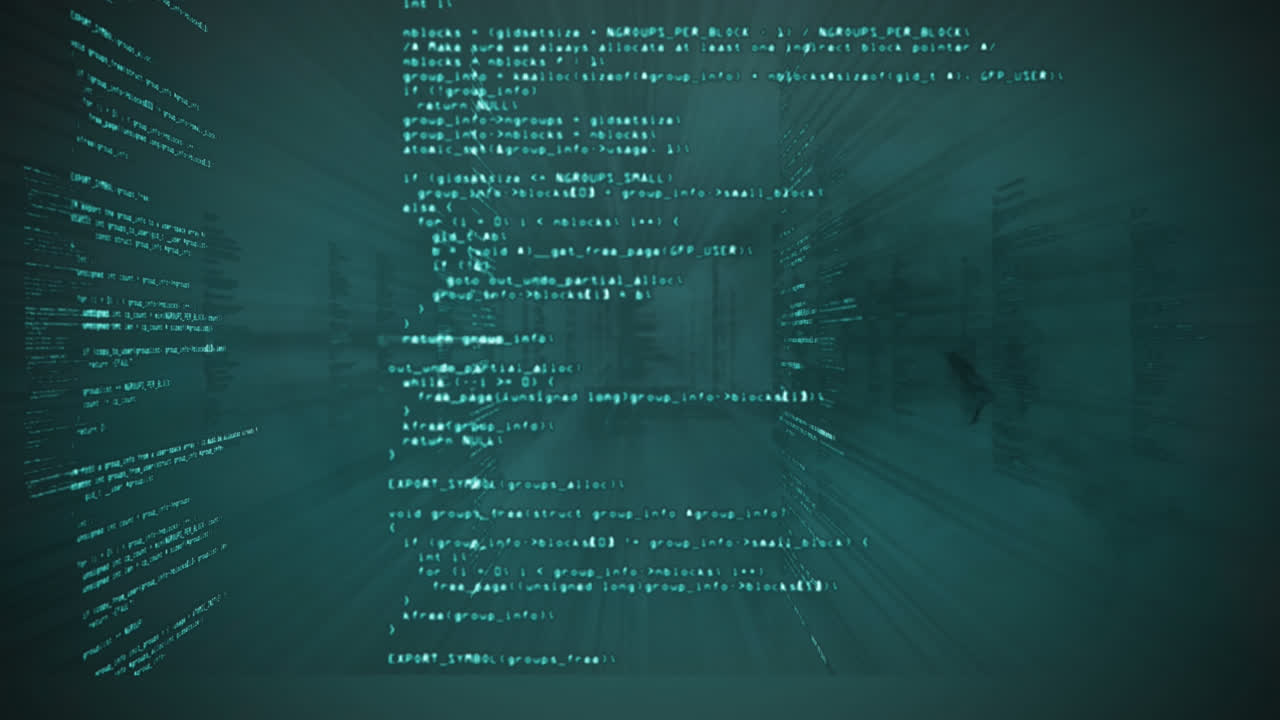 Animation of tunnel with data processing on green background with smoke