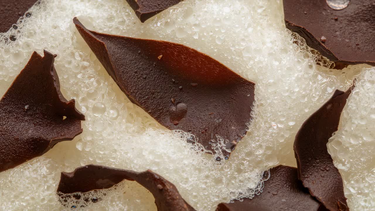 Playback showing chocolate curls resting on aerated cream on plate, droplet accenting texture