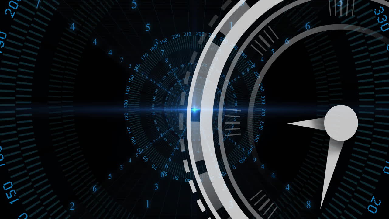 Animation of moving clock over data processing on black background