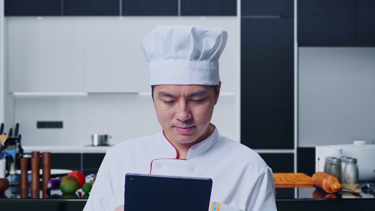primer plano de un chef asiático usando una tableta mientras está de pie en la cocina de casa