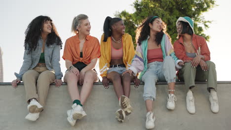 happy woman, friends and laughing at park