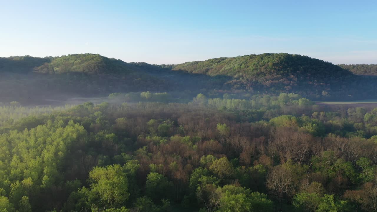 paisaje de valle brumoso con colinas y bosques
