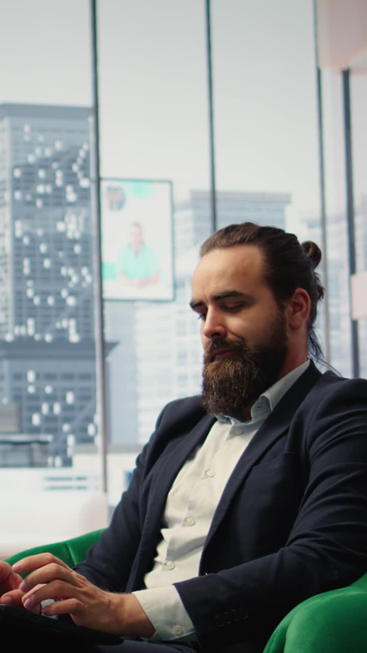 Vertical Video Goal oriented businessman focuses on his company and career development