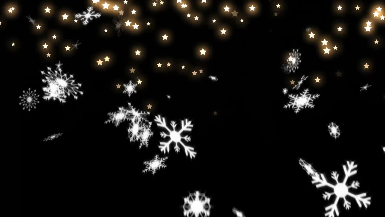 Snowflakes and stars animating on black background
