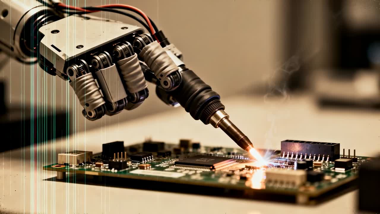 Soldering robotic arm adjusting tip upon contacting PCB at bench, forming molten solder joint