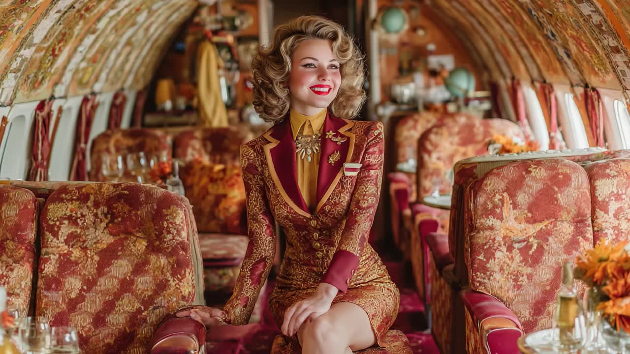 Fascino vintage: momento accattivante di un'assistente di volo all'interno di un lussuoso aereo retrò, che emana charme ed eleganza in un'atmosfera senza tempo