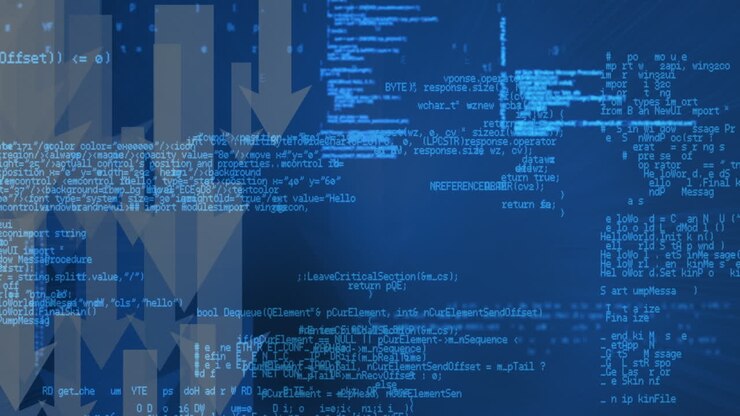 Animation af databehandling og pile over blå baggrund