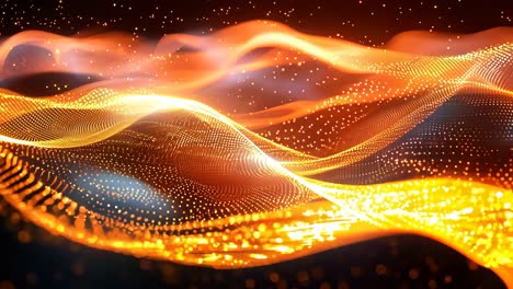 a series of orange and blue dots that form a wave. the wave is made up of many dots, and the colors are bright and vibrant. the image has a dreamy, surreal quality to it