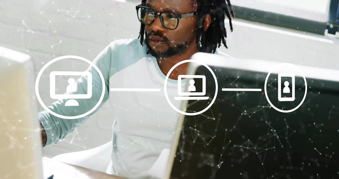 User icon appearing extending through device icons man using mouse showing technology connection