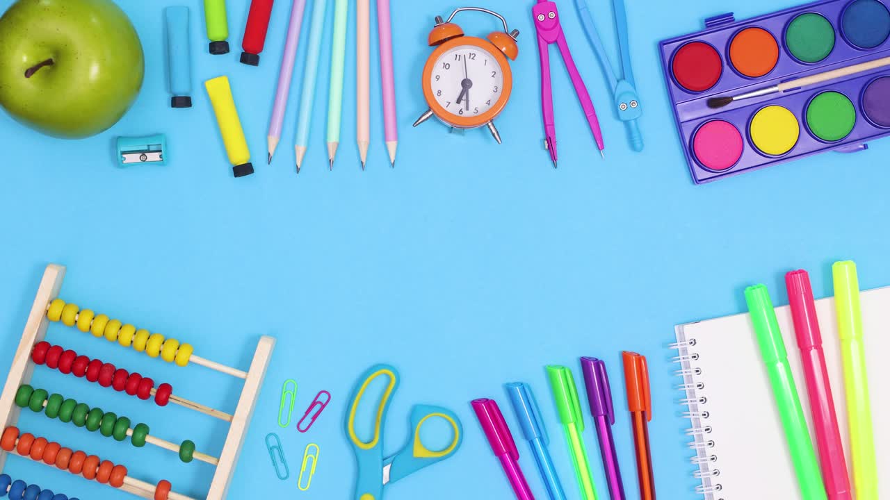 Back to school stationery move on top and bottom of blue theme with copy space. Stop motion