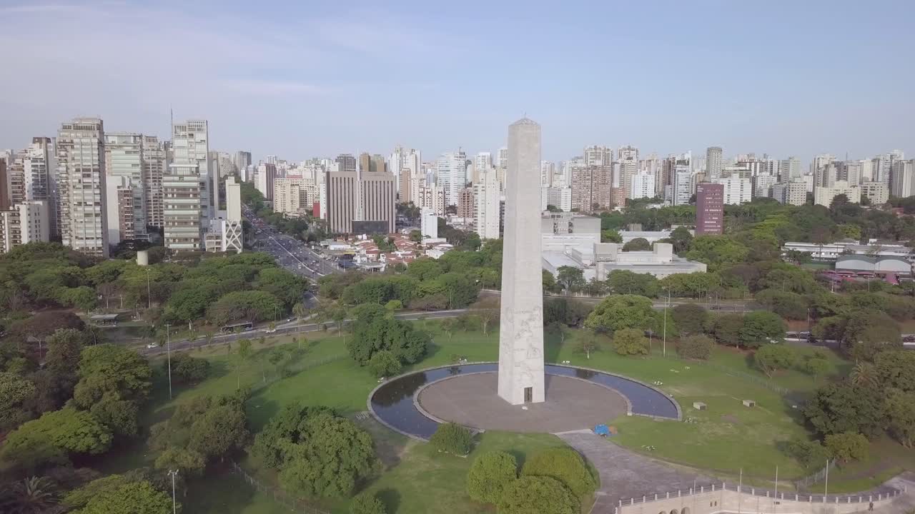 Sao Paulo's panorama skyline and Ibirapuera park in Brazil- slow aerial shot on sunny day