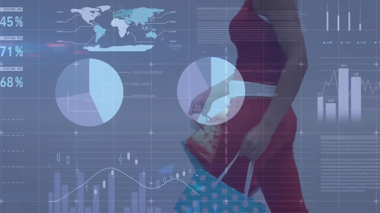 animación del procesamiento de datos sobre una mujer caucásica caminando