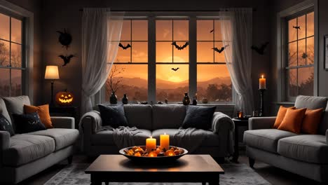 halloween-themed living room at sunset