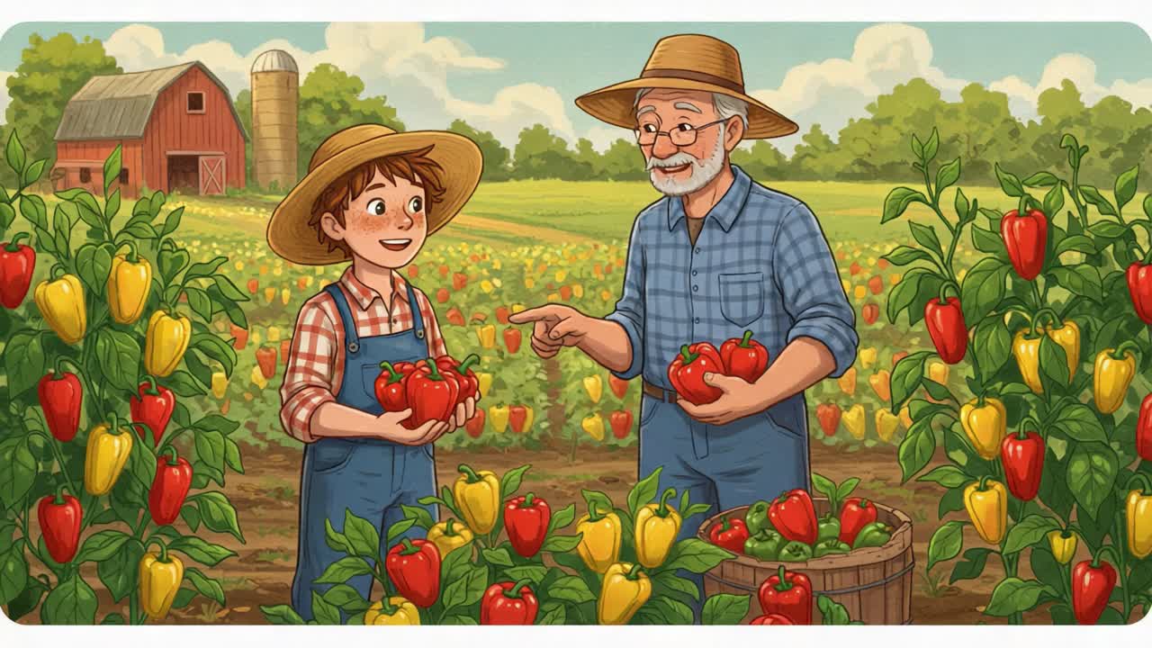 Una giornata gioiosa nel campo di peperoni: un nonno e un nipote che rafforzano il loro legame grazie al loro abbondante raccolto di peperoni colorati, in un contesto rurale suggestivo.