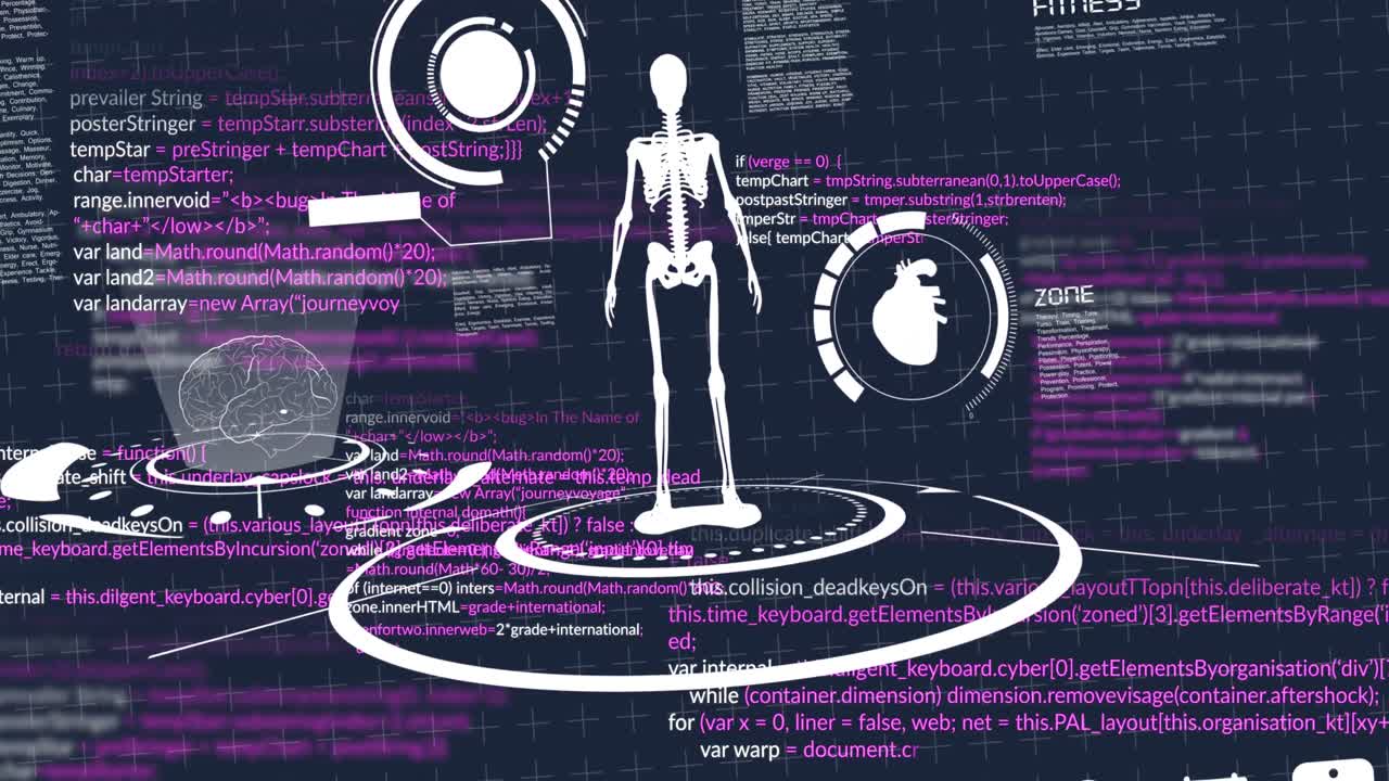 Animation of data processing and skeleton on black background