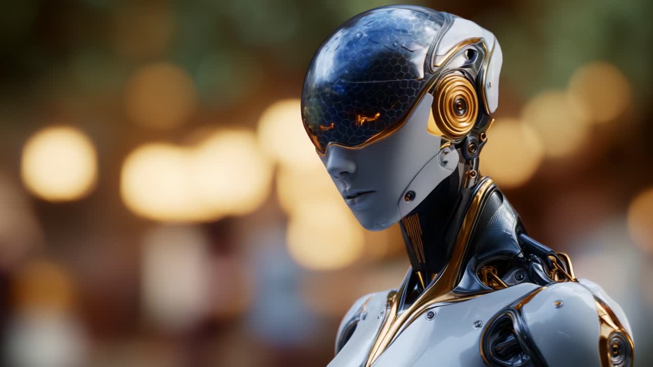 Şık bir tasarıma ve ileri teknolojiye sahip, karmaşık detayları ve ışıldayan bir başlığı sergileyen, inovasyonu ve yapay zeka’yı temsil eden fütüristik insansı robot