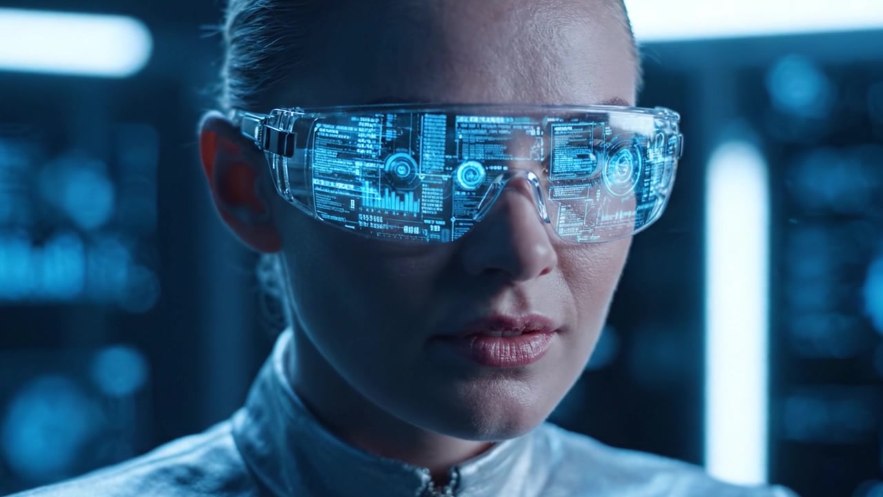 A Futuristic Vision: Female Scientist with Augmented Reality Glasses Analyzing Data in a High-Tech Environment, Pushing the Boundaries of Innovation and Research