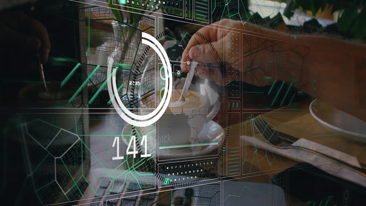 Hand stirring coffee cup on wooden table in tech environment, with floating HUD charts and codes