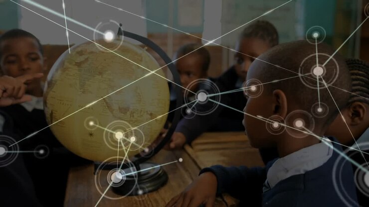 Animation of network of connections and globe over diverse school children