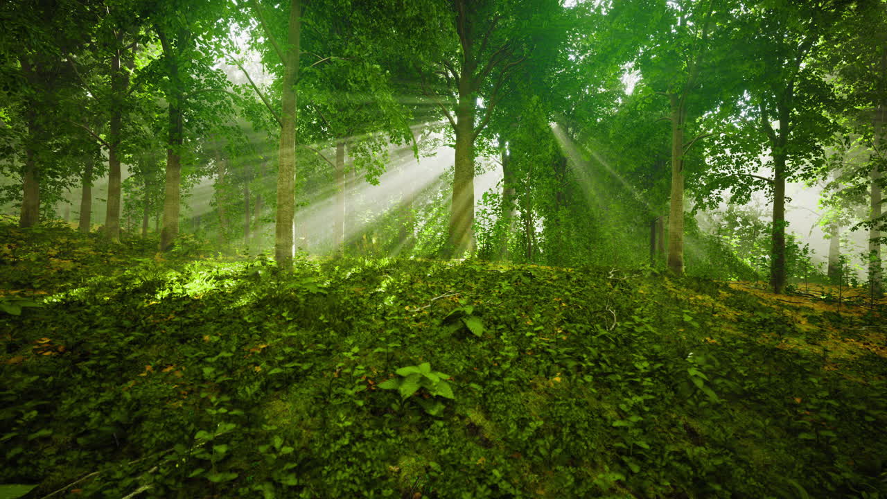 Sunlight filters through lush greenery in a serene forest setting