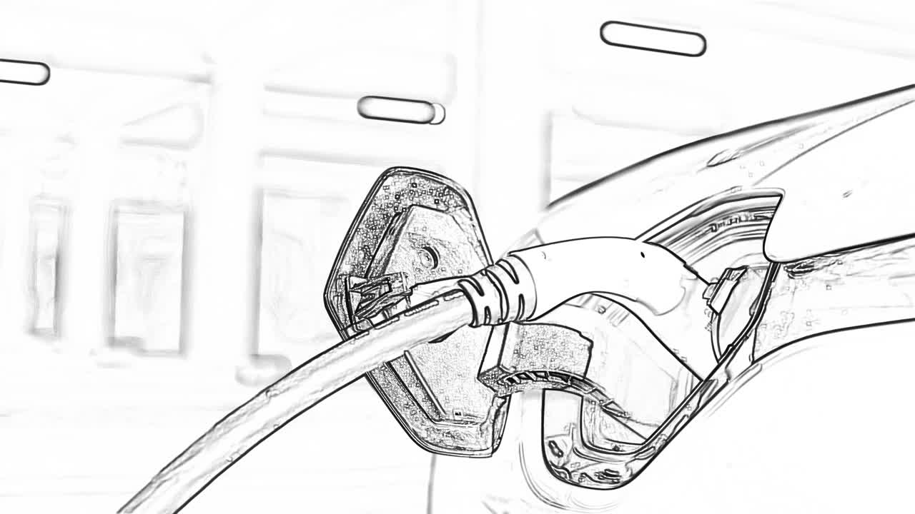 Close de um plugue de carregamento conectado a um carro elétrico, arte doodle em preto e branco