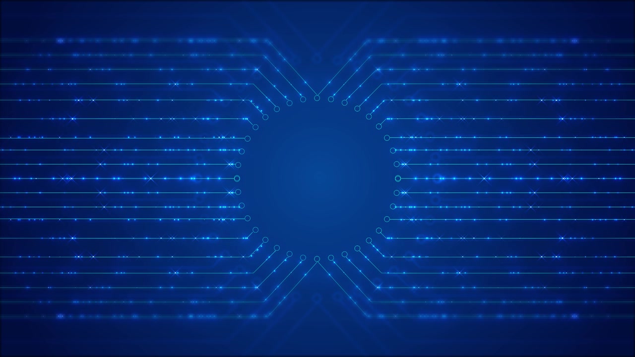 Immagine di un bordo di circuito digitale simmetrico con tracce luminose blu, spazio centrale aperto e pulito.