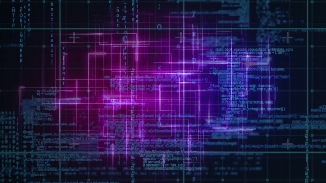 Animation of glowing data processing with markers over grid