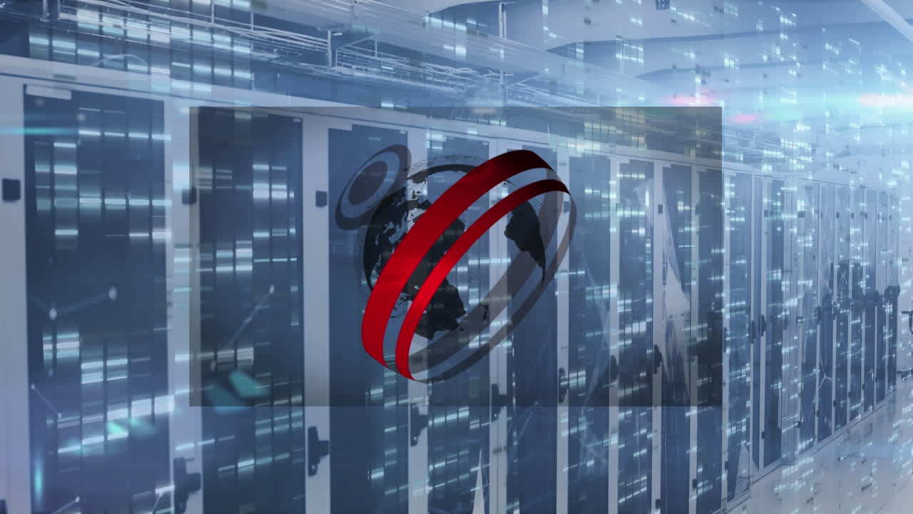 Animation of globe and data processing over computer servers in background
