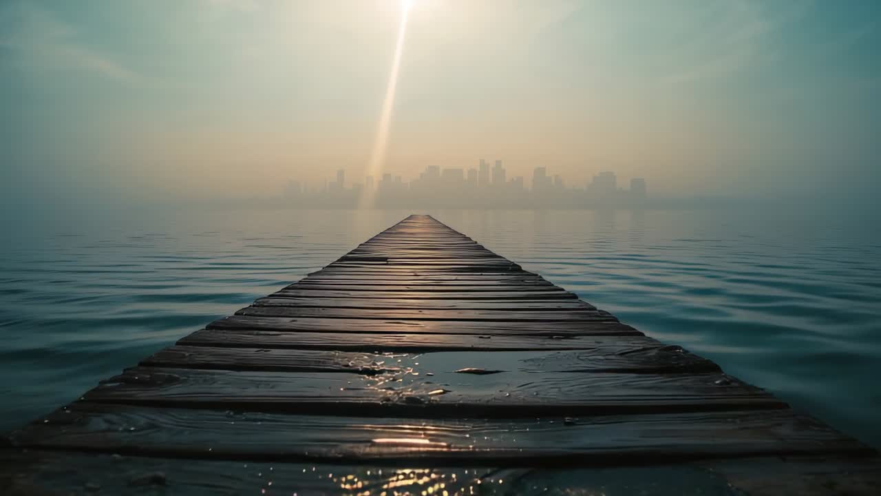Rolling camera gliding forward along wooden pier at water, showing sunbeam on planks and skyline
