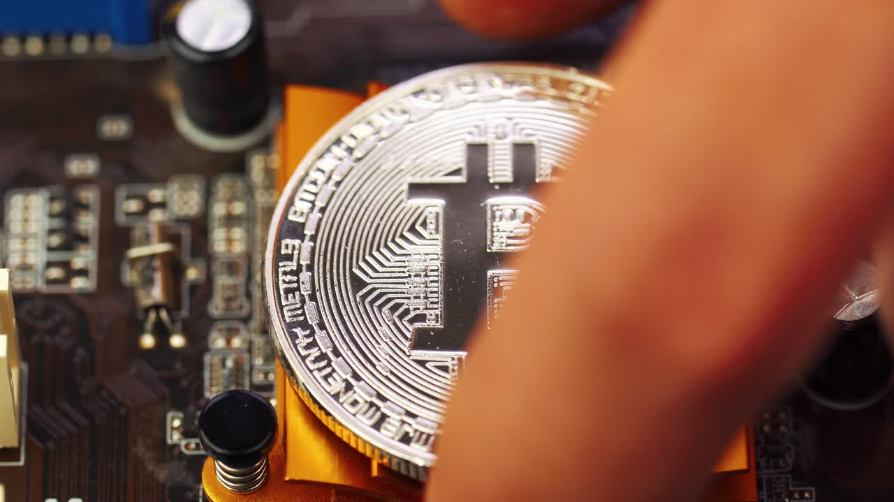 Bitcoin cryptocurrency coin on computer motherboard
