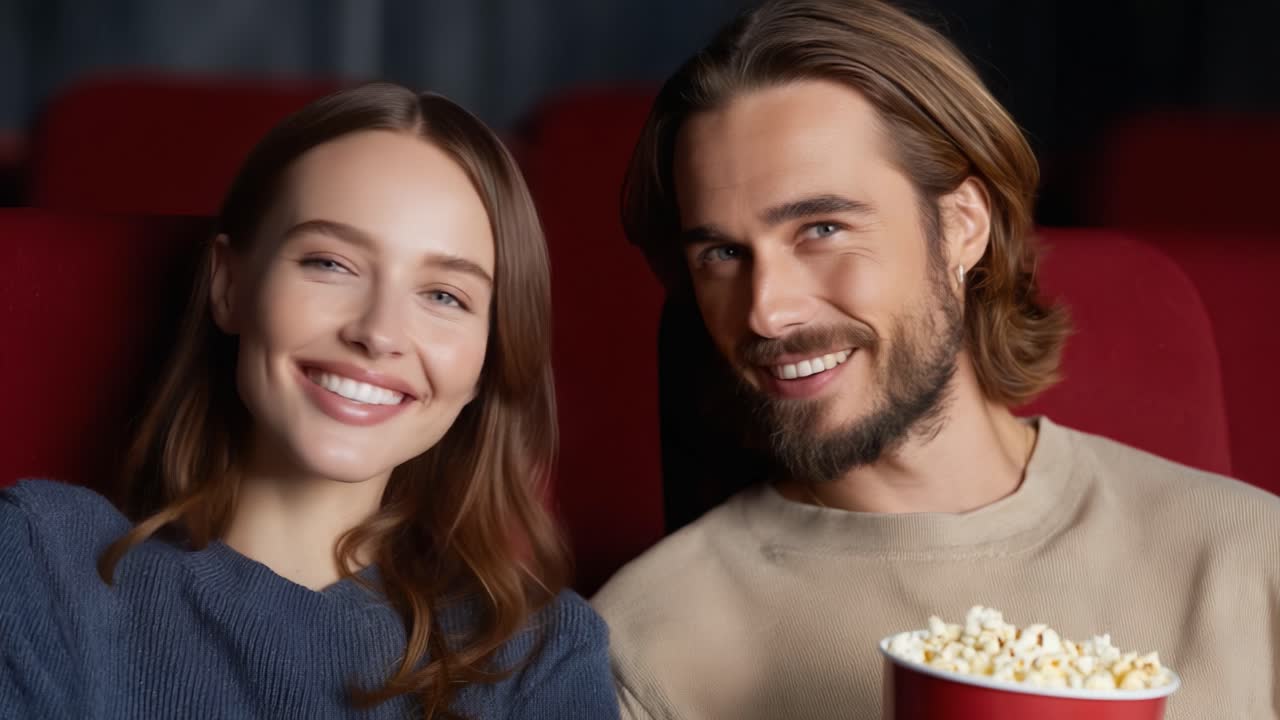 Un'esperienza cinematografica gioiosa: una coppia si gode il tempo insieme con i popcorn in un'accogliente sala cinematografica
