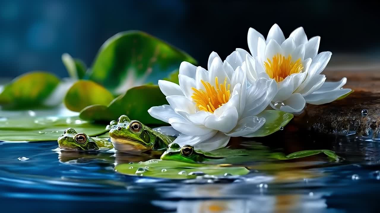 A couple of frogs sitting on top of a white flower in a pond