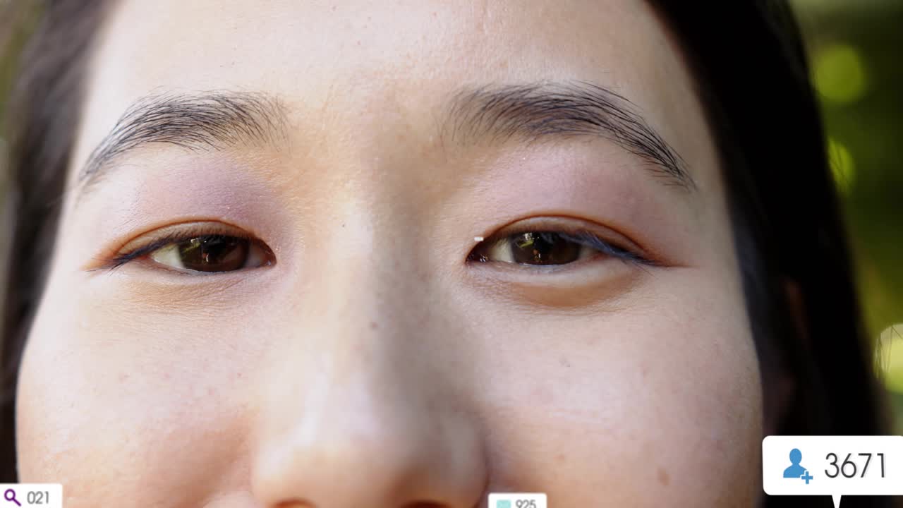 Frontal woman opening eyes as badges appearing and growing across face, showing marketing metrics