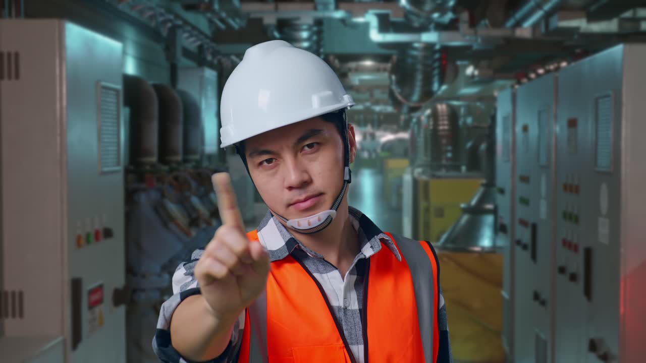 Close Up Of Asian Male Engineer With Safety Helmet Disapproving With No Index Finger Sign While Standing In Engine Control Room, Work Of Electrical Generators