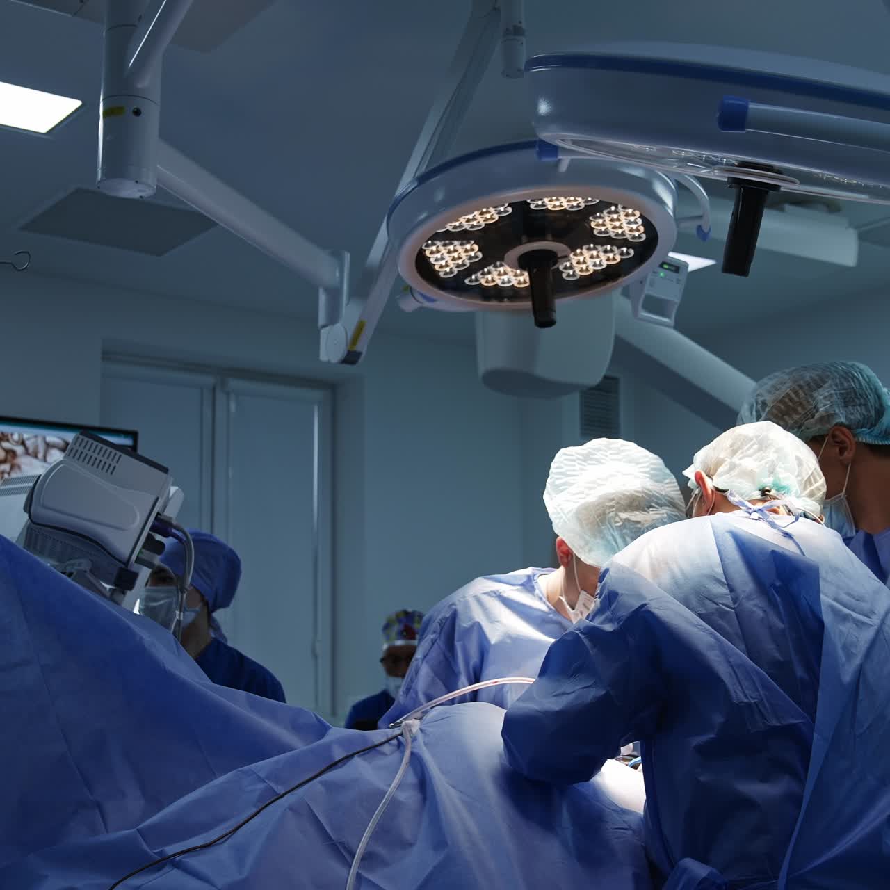 Team of male surgeons conducting surgery in up-to-date clinics. Modern well-equipped surgery room at backdrop