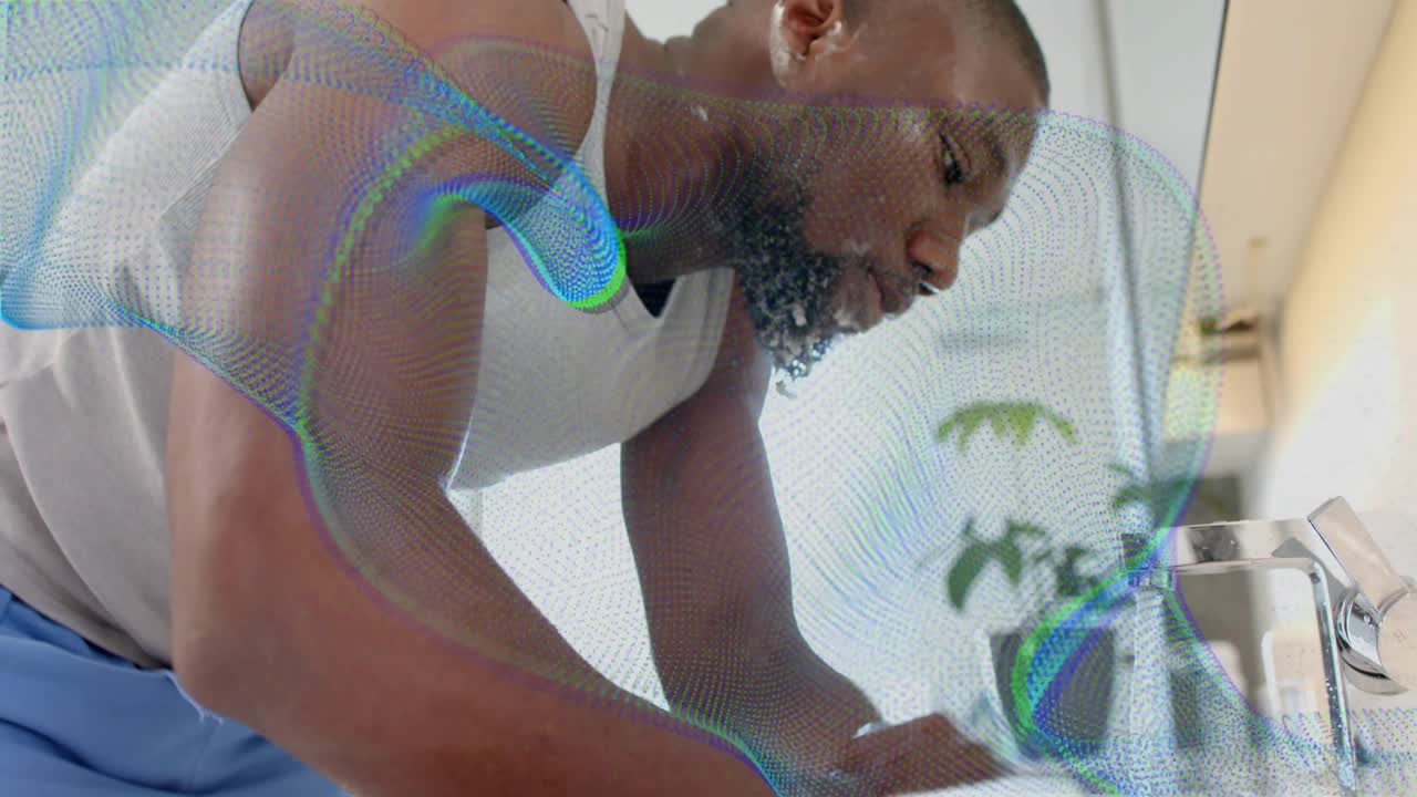 Man turning on faucet and washing beard at sink for grooming, with animated lather showing runoff