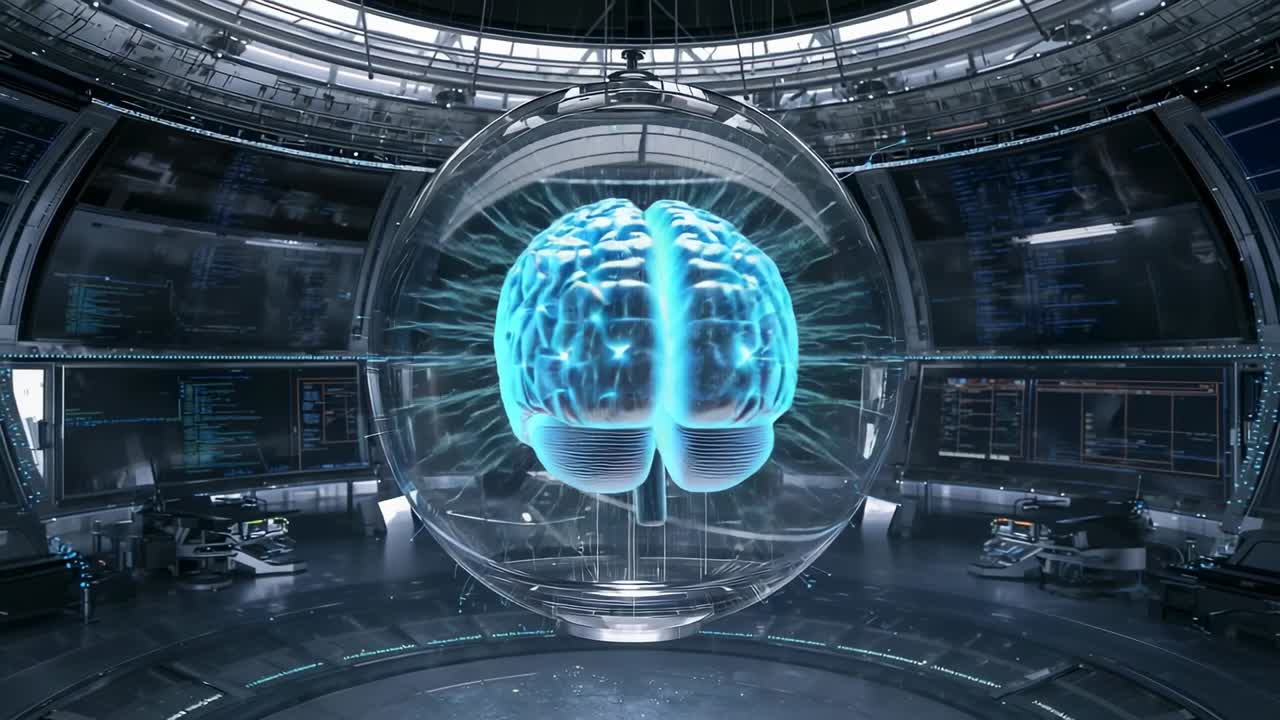 Rippling scanning grid causing glowing blue brain model rotating inside lab, sphere pulsing