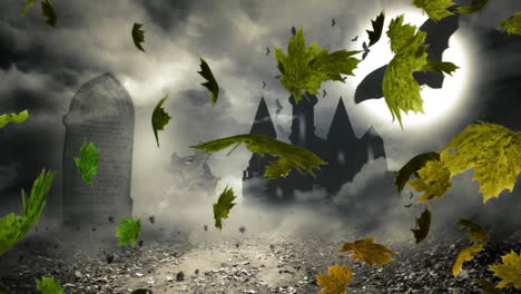 video compuesto digital de hojas de otoño moviéndose contra el castillo de halloween en el fondo