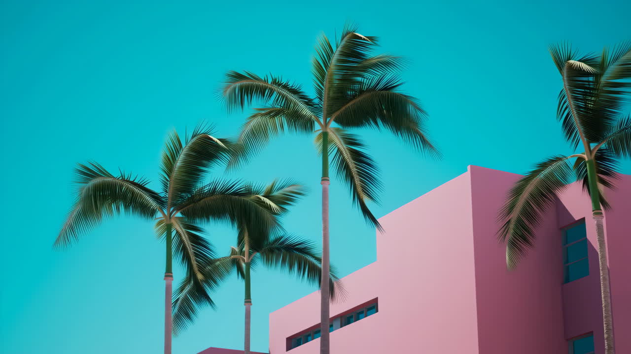Vibrant Pink Building and Palm Trees Against a Bright Blue Sky