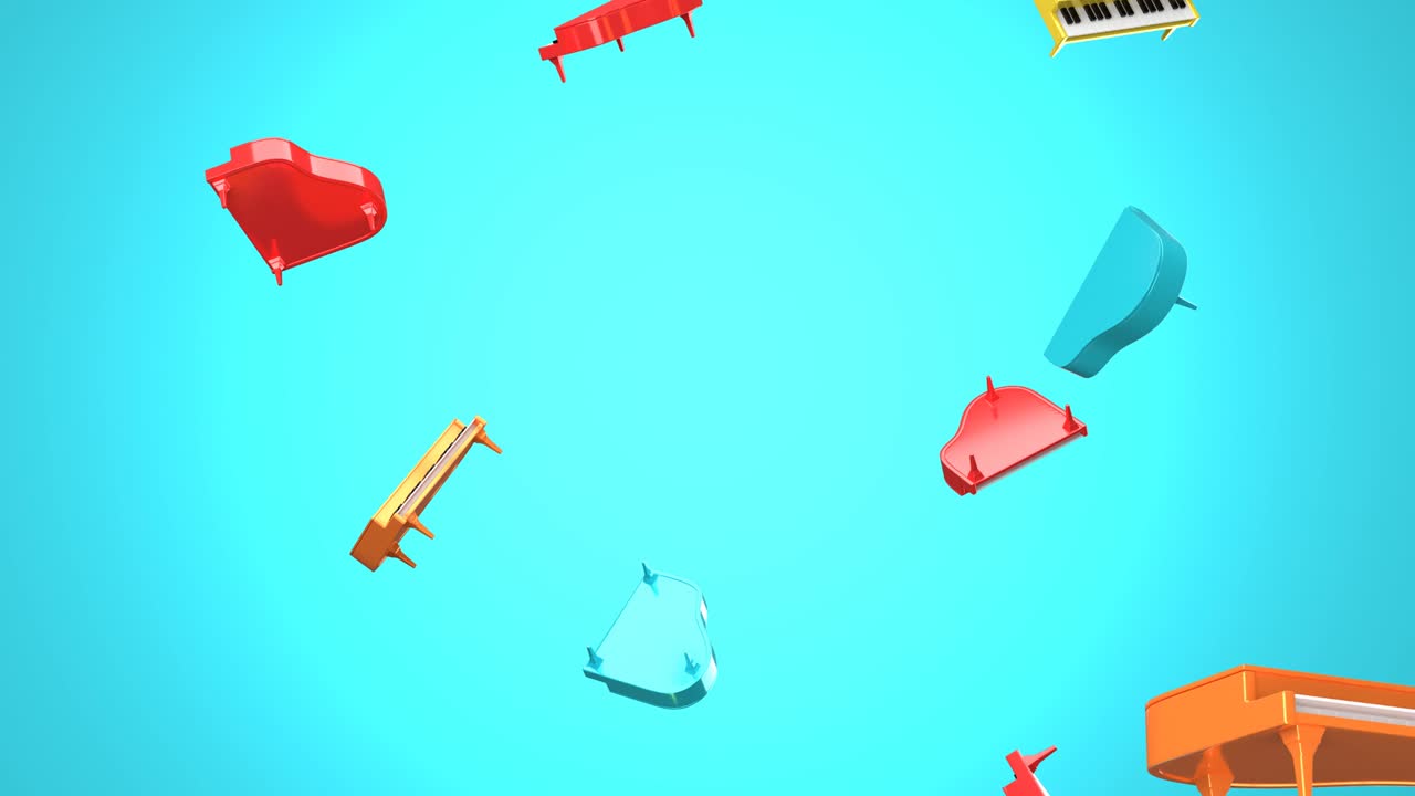 pianos voladores de colores sobre un fondo azul.