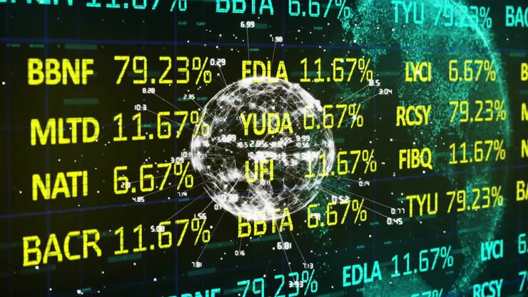 Animation of financial data processing over globe on dark background