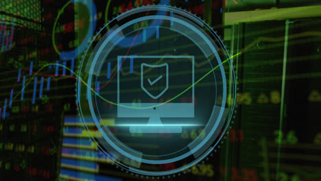 animation of computer icon over data processing and server room