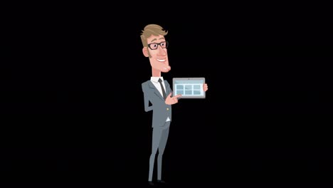 cartoon elegant businessman character with tablet in hand animation with alpha channel