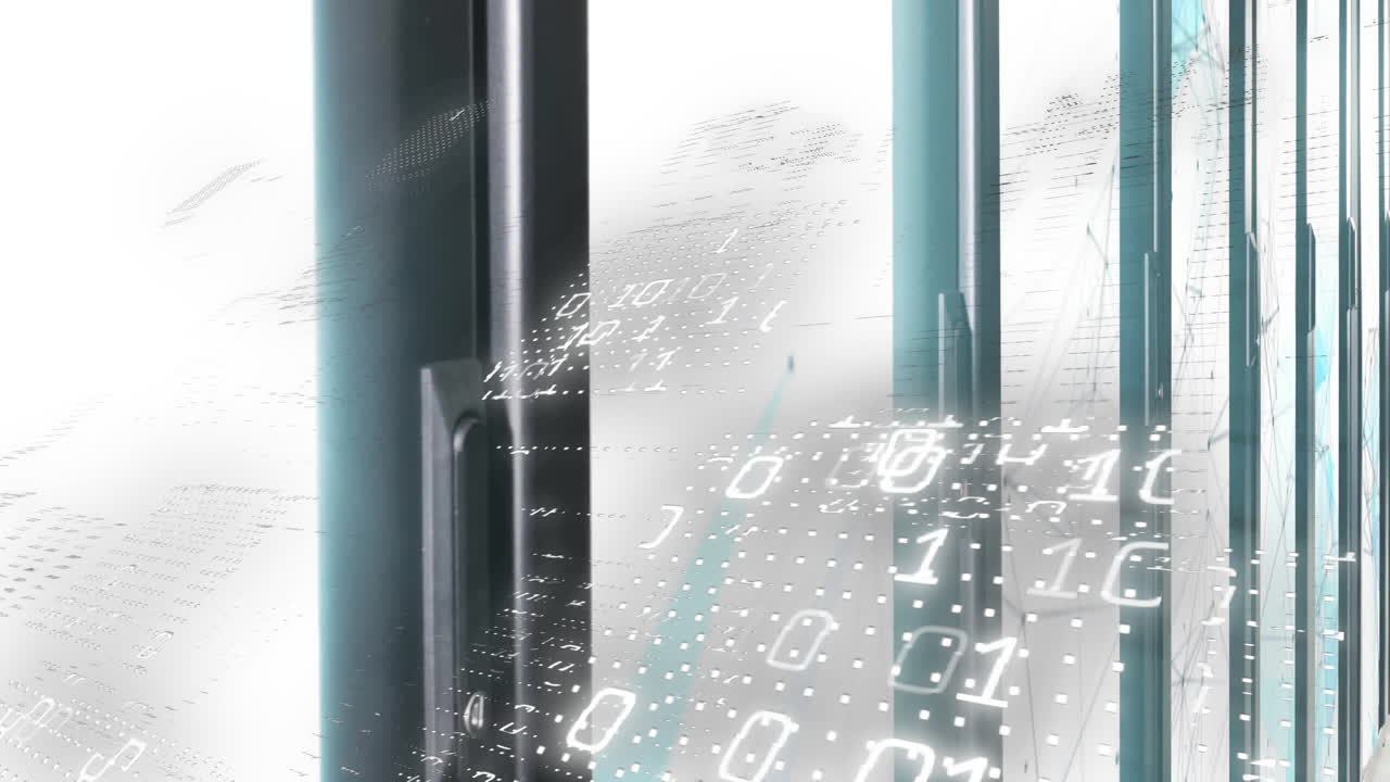 Data flow being visualized by pillars glowing and binary digits pulsing over grid in flat design