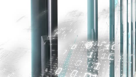 data flow being visualized by pillars glowing and binary digits pulsing over grid in flat design