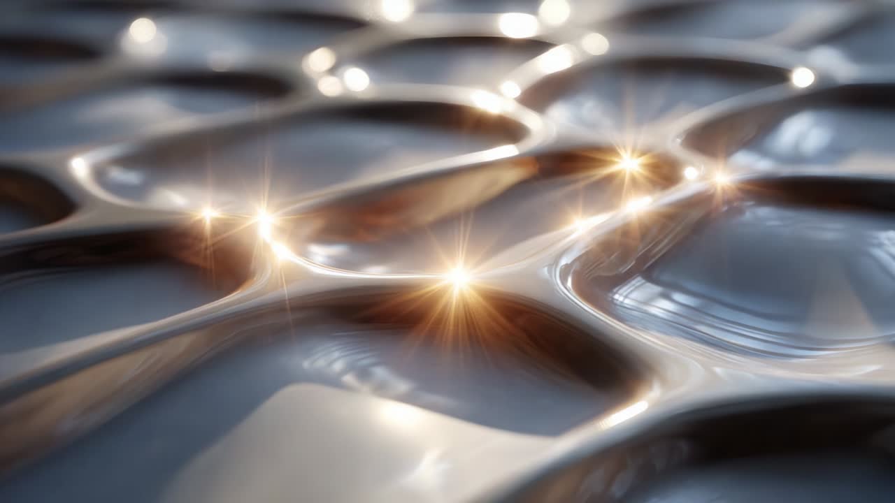 A Close-Up View of Shimmering Liquid Surfaces with Glossy Textures, Reflective Light Patterns and Fluid Dynamics Creating an Engaging Visual Display of Organic Forms and Motion