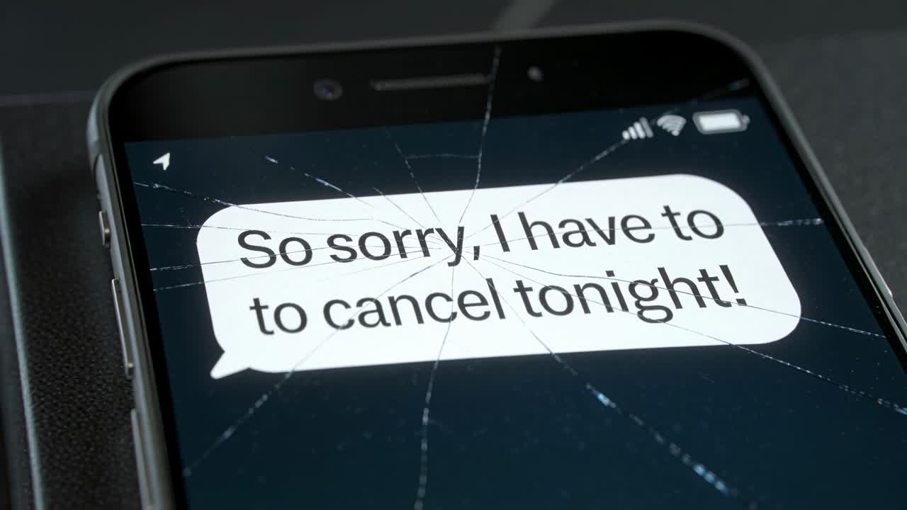 Pulling back camera revealing cracked phone screen on folio on desk, showing cancellation message