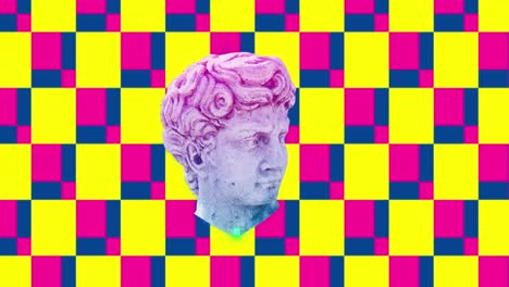 animation of head sculpture pixelating on square pattern background